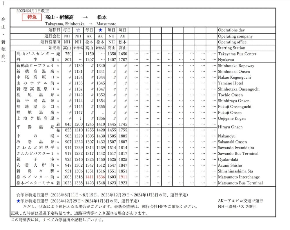 長野松本搭高速巴士到岐阜高山站、平湯溫泉、新穗高纜車 路線圖、時刻表