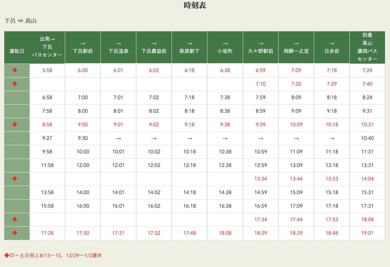 岐阜交通-高山到下呂巴士,下呂到高山巴士(時刻表、乘車位置)