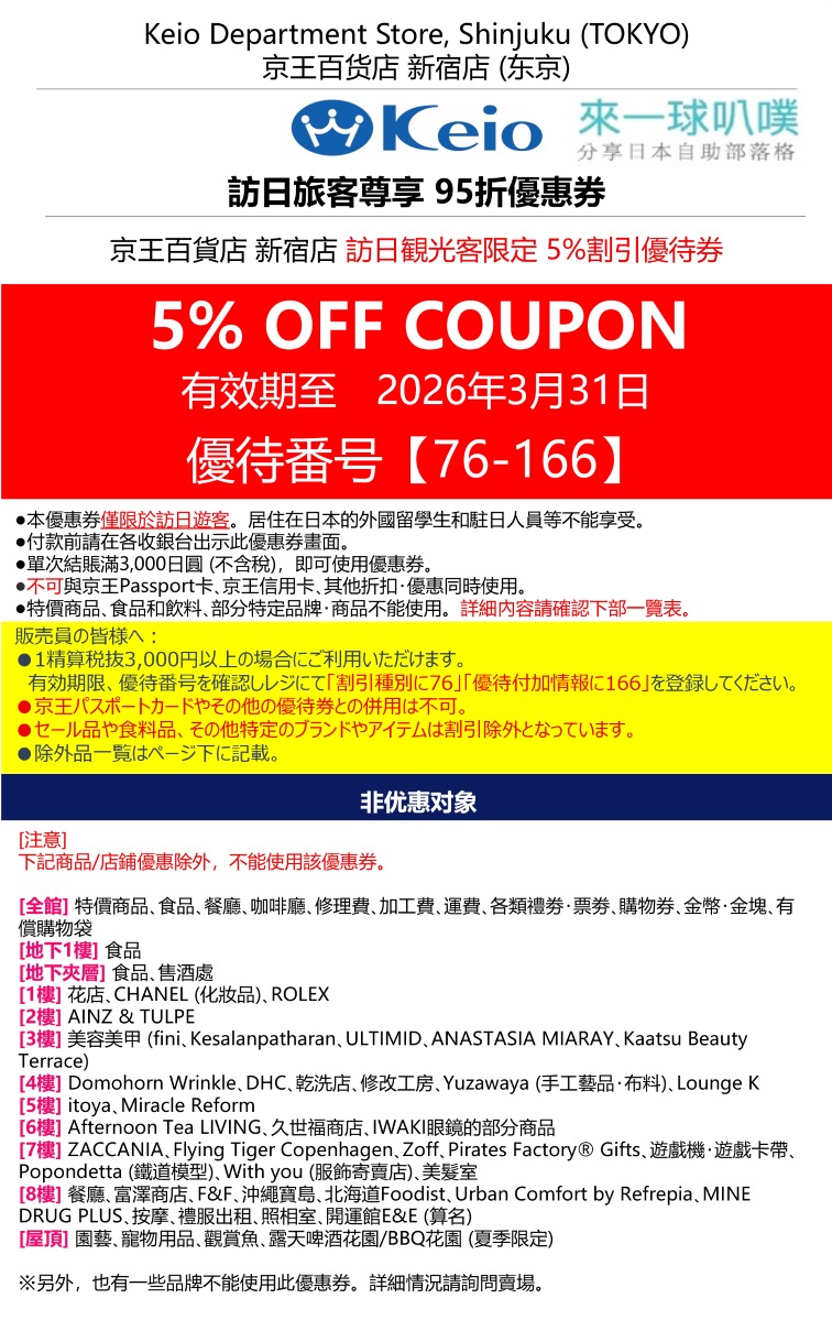 東京京王百貨新宿店95折折扣券、使用方式