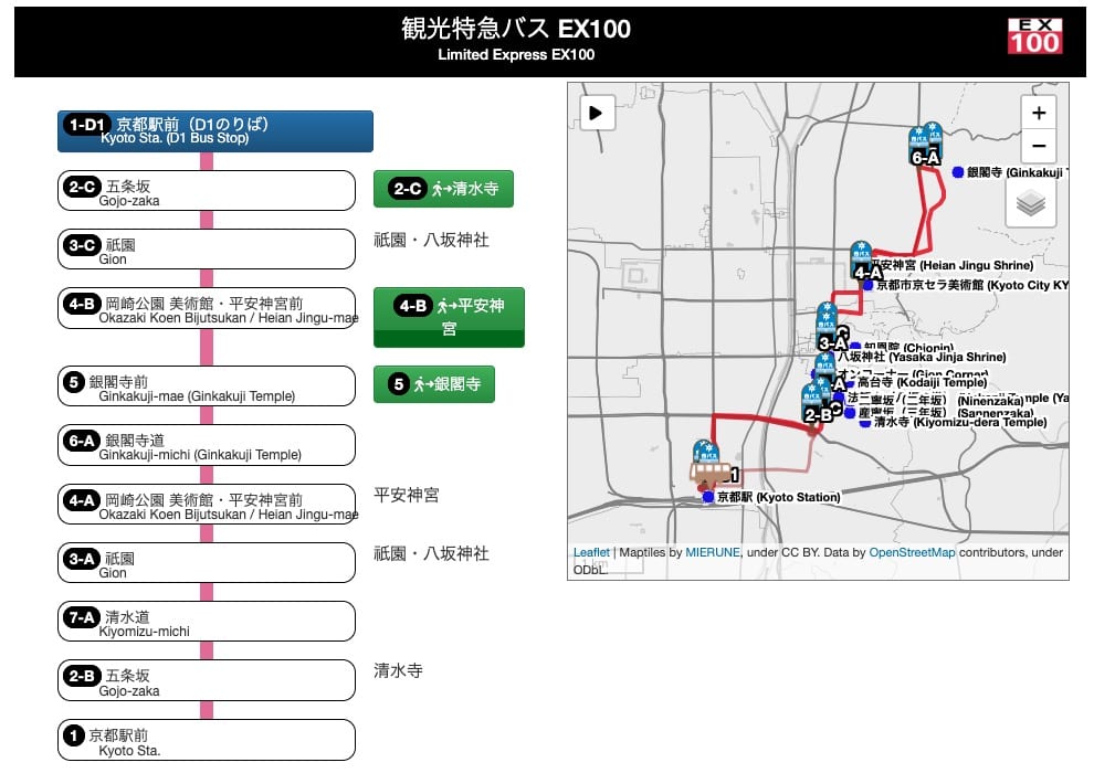 京都觀光特急巴士資訊整理|EX100/EX101路線圖、票價、搭車方式
