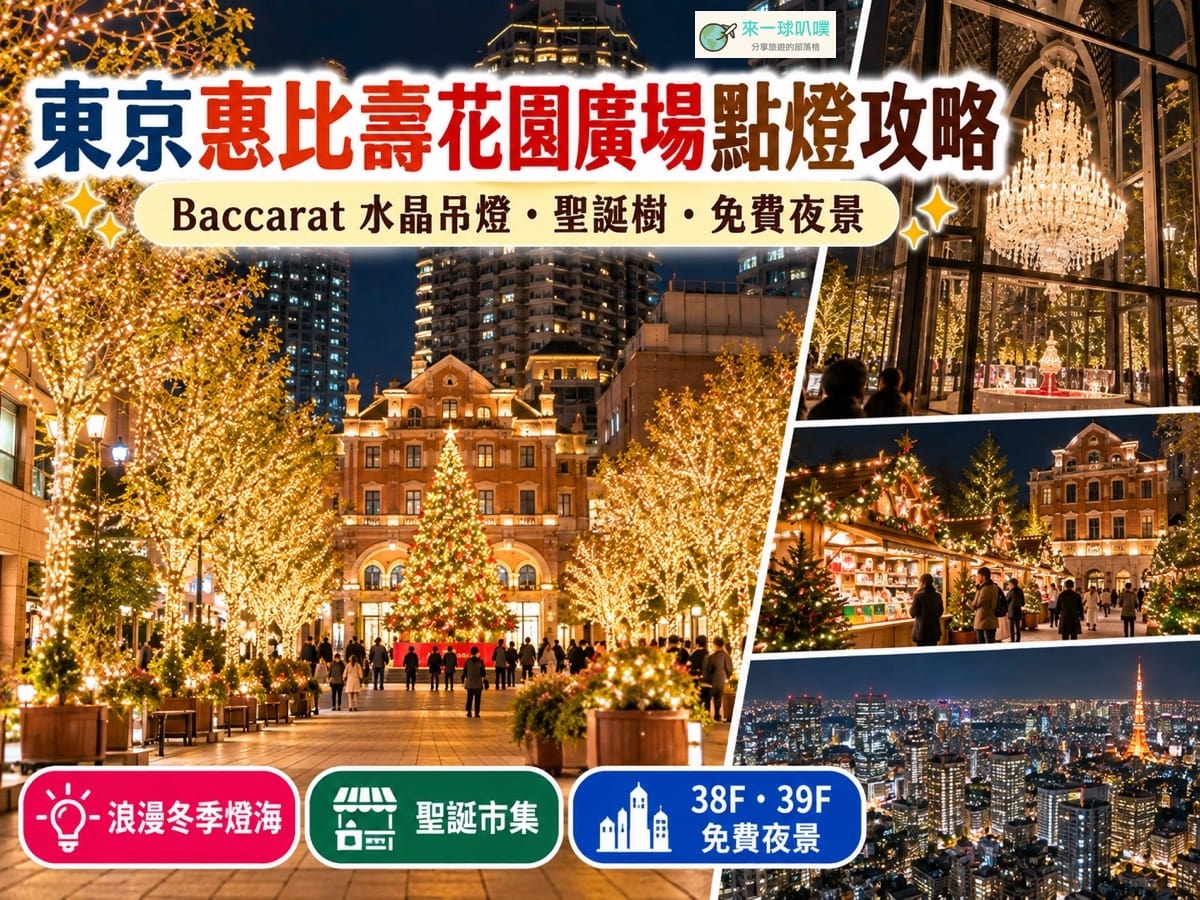 東京惠比壽花園廣場冬季點燈｜2026燈飾、Baccarat水晶吊燈、聖誕市集、免費夜景