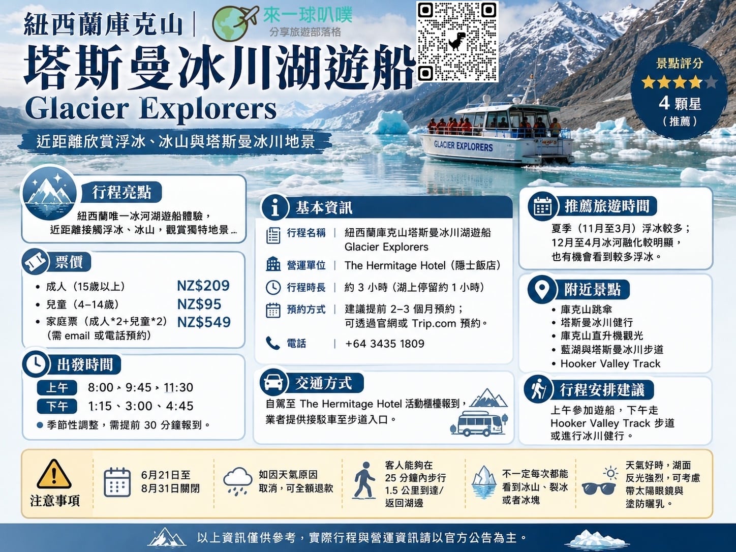 紐西蘭庫克山塔斯曼冰川湖遊船Glacier Explorers、近距離看冰山、預約方式