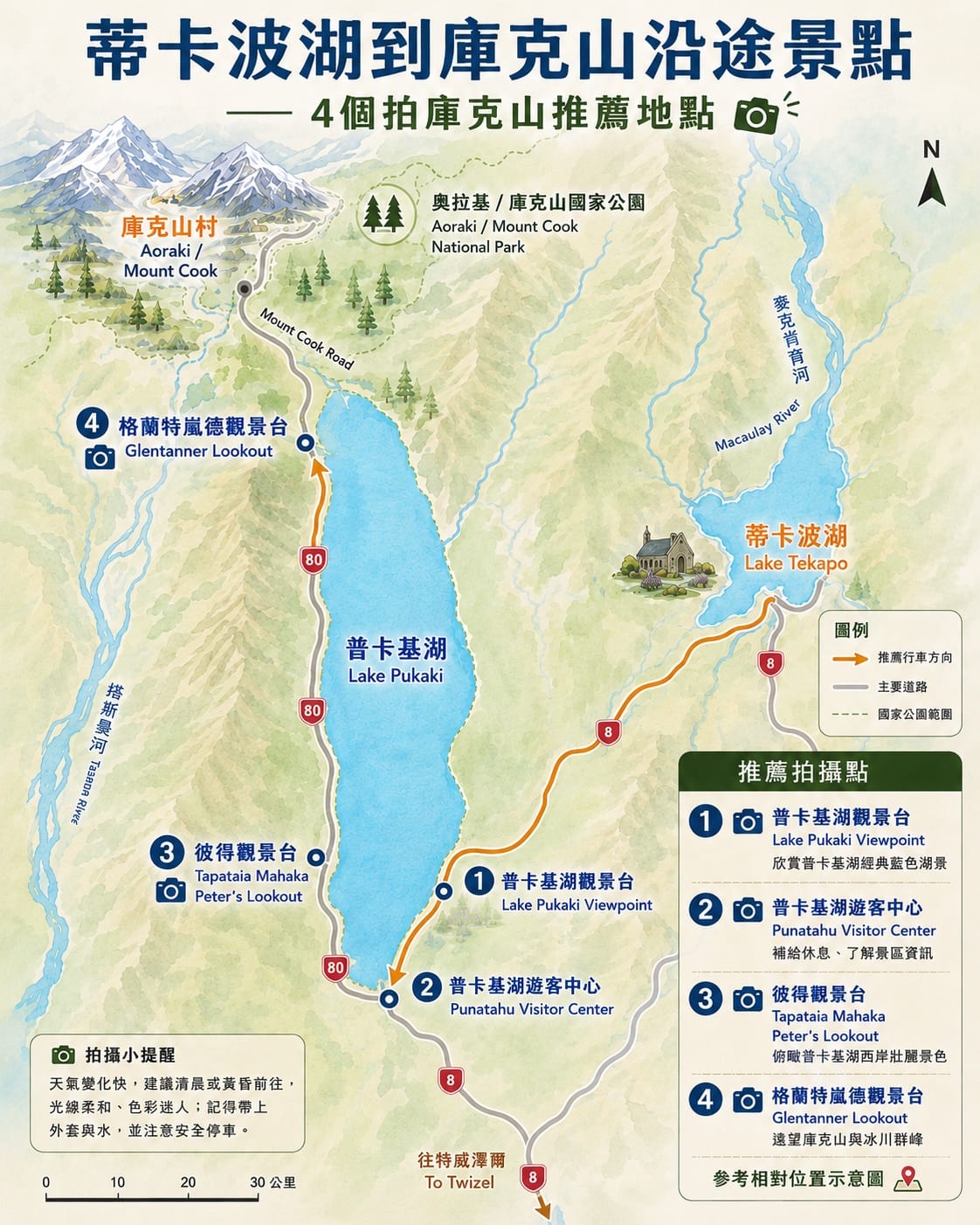 紐西蘭最美公路|蒂卡波湖到庫克山沿途景點、4個拍庫克山推薦地點